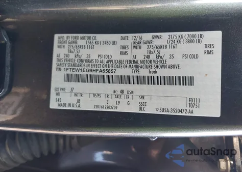 2017 Ford F-150 Xlt из США, поврежденный, VIN 1FTEW1EG9HFA65857